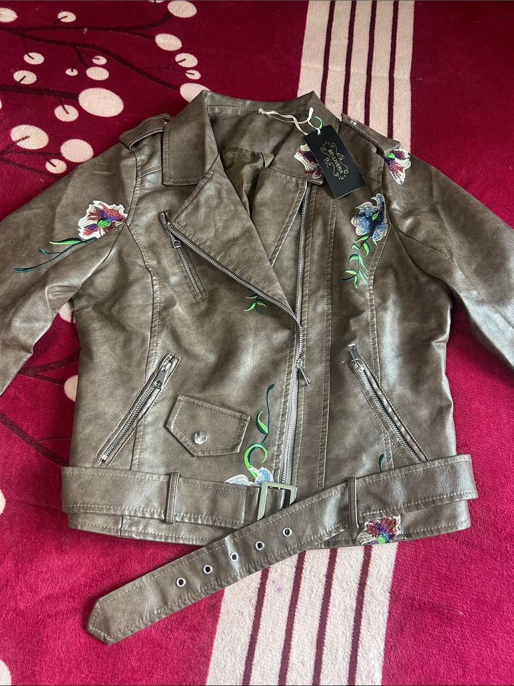 Women's Embroidered Faux Leather Moto Jacket - Olive
